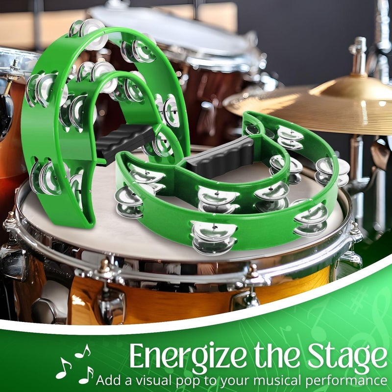 Flexzion Tambourine Metal Half Moon Musical Instruments Double Row Metal Jingles Hand Held Instruments Percussion with Ergonomic Handle Grip, Tambourines for Adults, 2 Packs - Green - Image 5